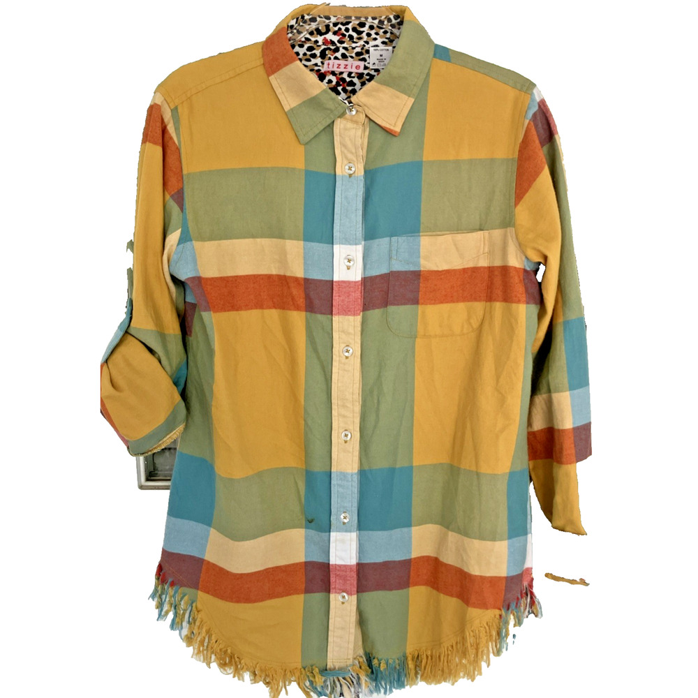 tizzie Women's Buttun Down Shirt Size Med Plaid Contrasting Cuffs Bottom Fringe